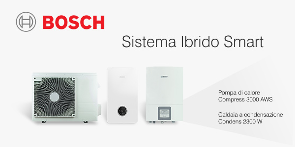Offerta sistema ibrido Bosch Hybrid Smart composto da una pompa di calore aria-acqua splittata con unit interna Compress 3000 e una caldaia a condensazione compatta combinata Condens