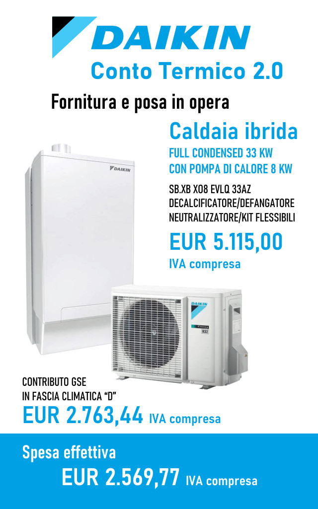 Conto Termico 2.0, fornitura e installazione della caldaia ibrida Daikin con pompa di calore in offerta presso la Termoidraulica Coico di Roma